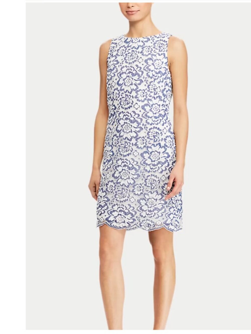 Lauren Ralph Lauren Midi Sheath Dress Size 8 Sleeveless Blue White Floral Lace